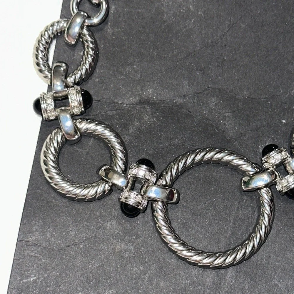 White House Black Market Silver Tone Pave Crystal Black Bead Statement Necklace